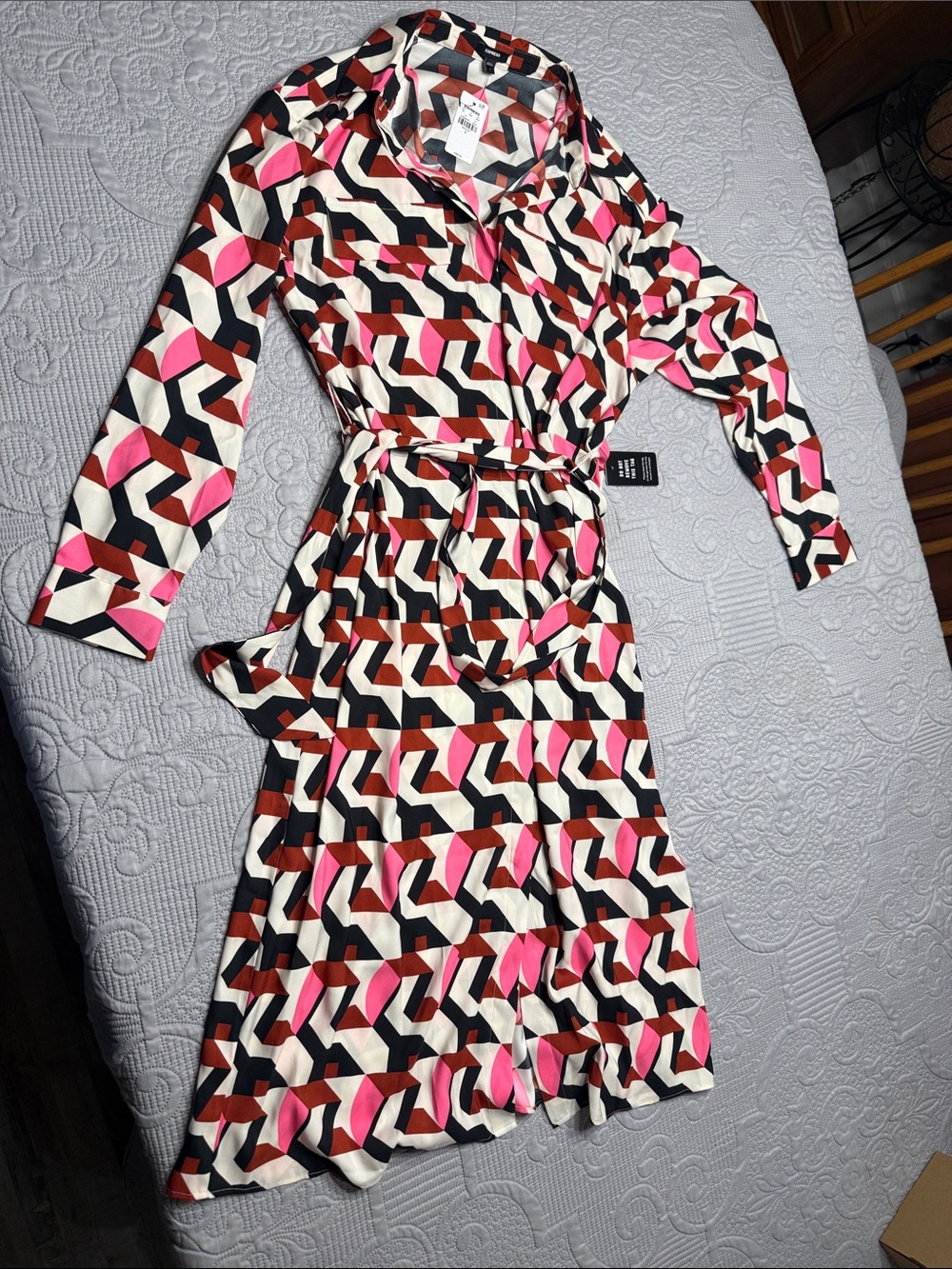 Express Geometric Print Long Sleeve Shirt Dress in Pink, Black, Cream & Brown